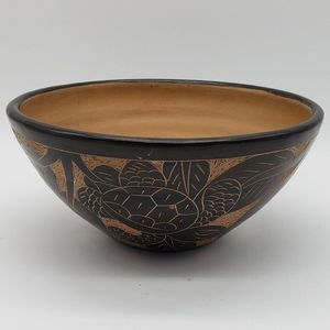 Hand Painted Black Beige Sgraffito Sea Turtle Palm Leaves Redware Pottery Bowl
